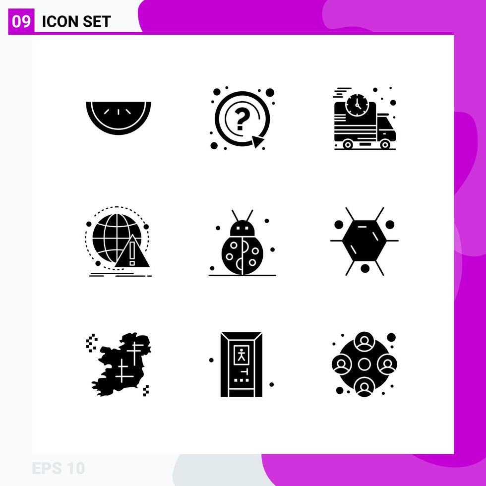 Mobile Interface Solid Glyph Set of 9 Pictograms of beetle bug virus delivery computer antivirus Editable Vector Design Elements