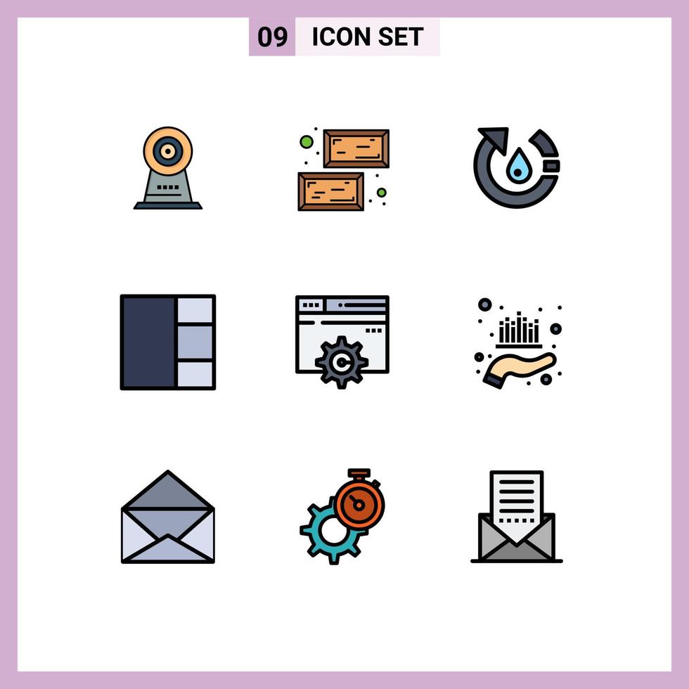 Set of 9 Vector Filledline Flat Colors on Grid for gear web drop layout recycle Editable Vector Design Elements