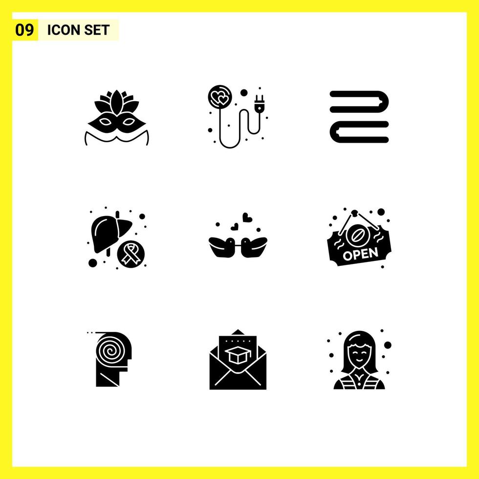Pack of 9 Modern Solid Glyphs Signs and Symbols for Web Print Media such as couple birds cleaning sick illness Editable Vector Design Elements