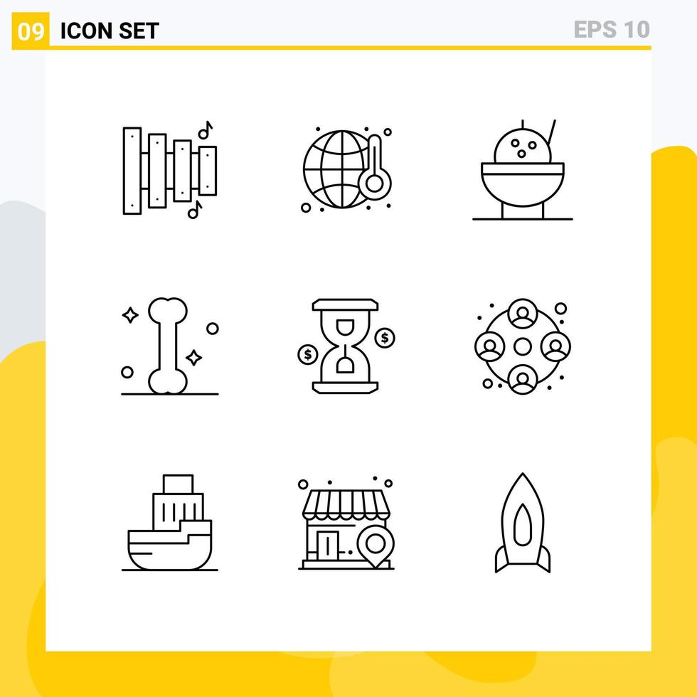 Group of 9 Modern Outlines Set for team investment rice loading glass Editable Vector Design Elements