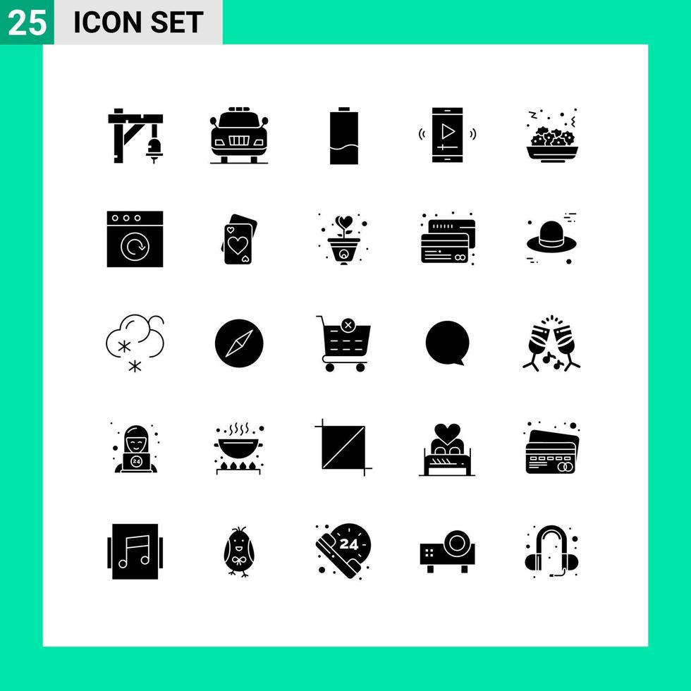 Modern Set of 25 Solid Glyphs and symbols such as salad video player electric multimedia film Editable Vector Design Elements