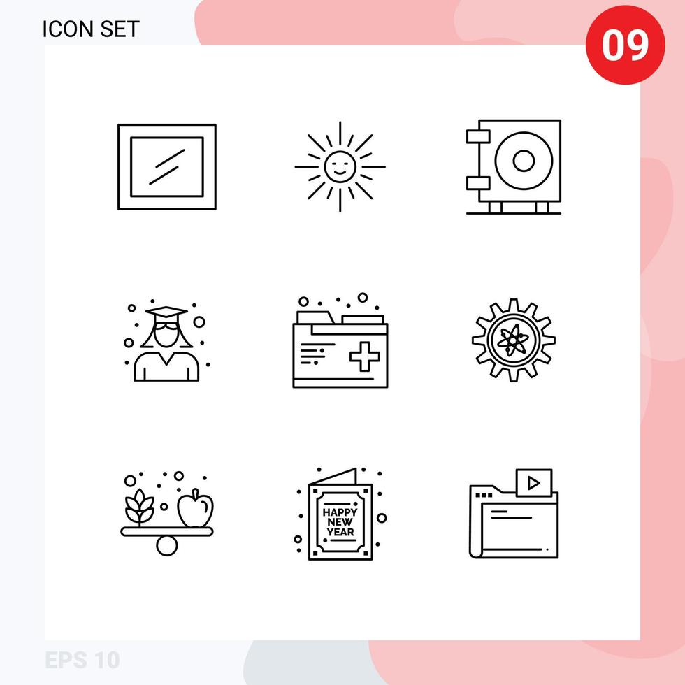 9 Universal Outlines Set for Web and Mobile Applications records health wallet care school Editable Vector Design Elements