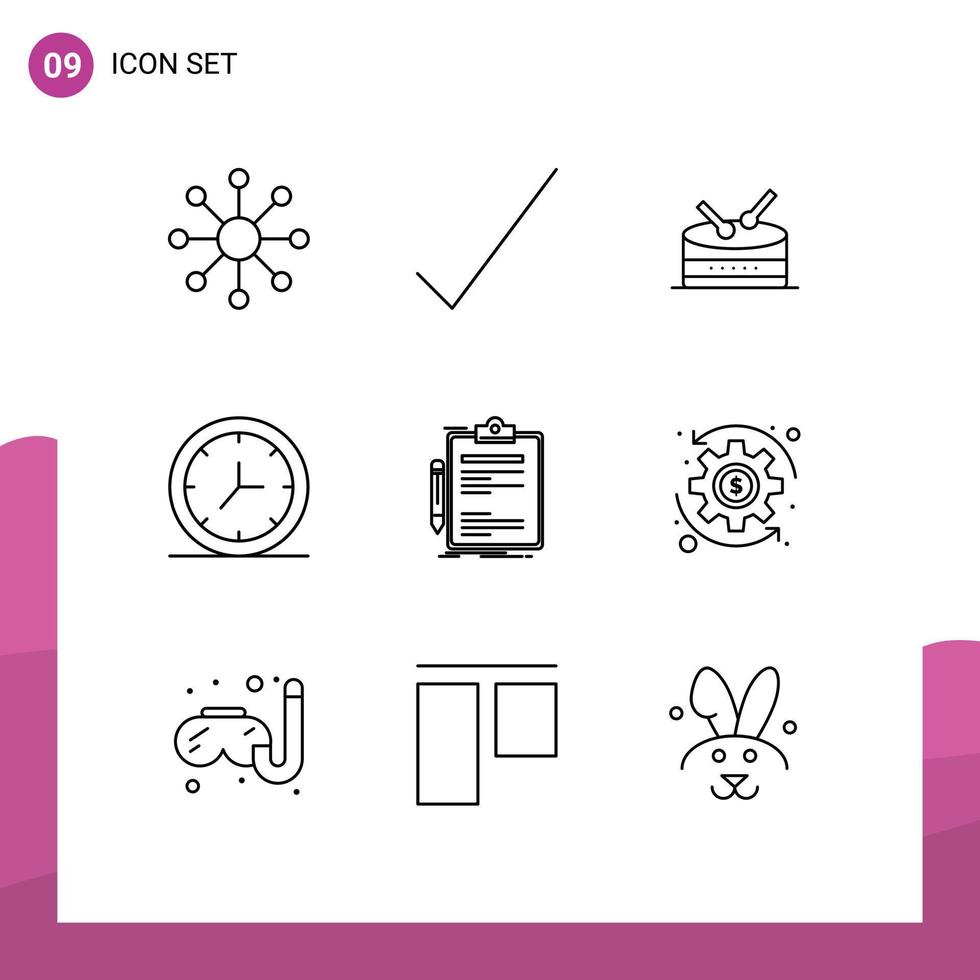Group of 9 Outlines Signs and Symbols for money clip board clock done check Editable Vector Design Elements