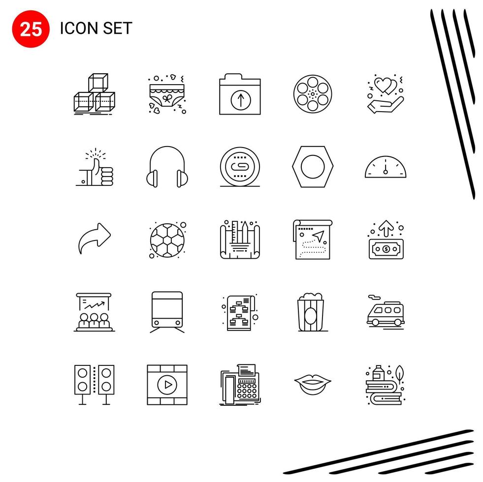 25 User Interface Line Pack of modern Signs and Symbols of protect tank romance reel film Editable Vector Design Elements