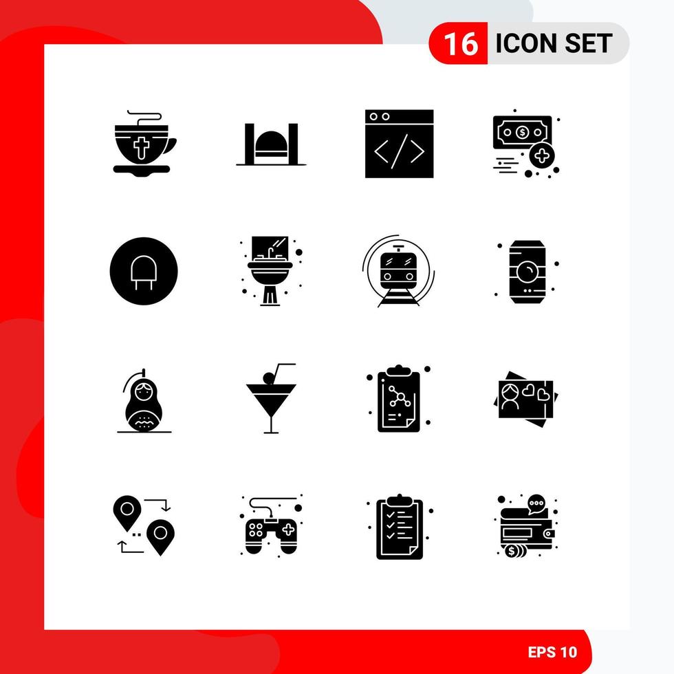 Set of 16 Vector Solid Glyphs on Grid for electric income river finance business Editable Vector Design Elements