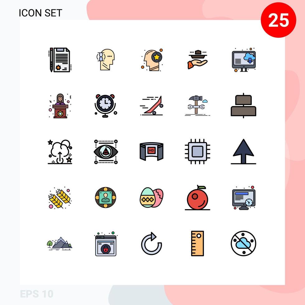Pack of 25 Modern Filled line Flat Colors Signs and Symbols for Web Print Media such as cloud lunch human serve waiter Editable Vector Design Elements