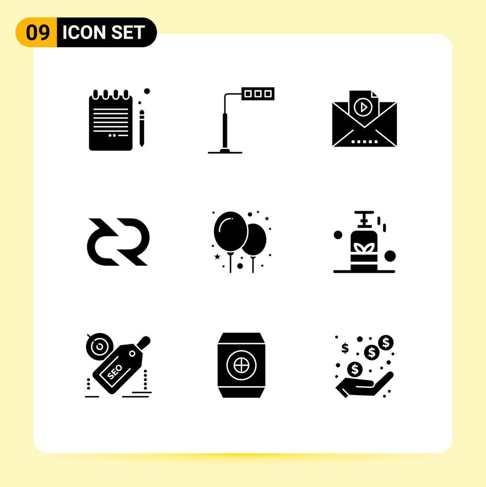 Editable Vector Line Pack of 9 Simple Solid Glyphs of balloons reward email cryptocurrency blockchain Editable Vector Design Elements