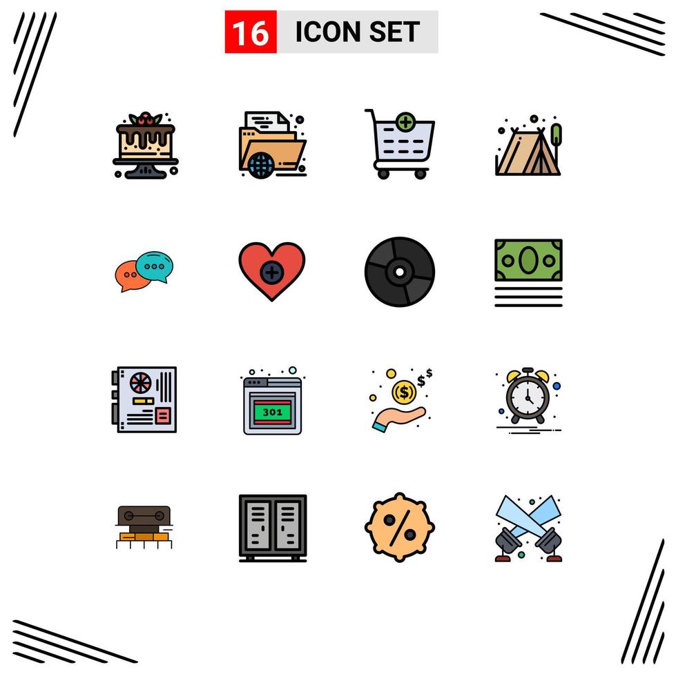 Mobile Interface Flat Color Filled Line Set of 16 Pictograms of chatting tent learning outdoor shopping cart Editable Creative Vector Design Elements