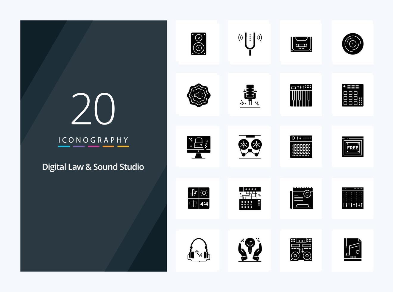 20 Digital Law And Sound Studio Solid Glyph icon for presentation vector