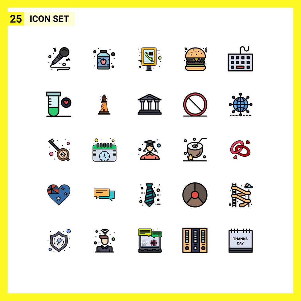 Editable Vector Line Pack of 25 Simple Filled line Flat Colors of hardware devices information computer fast food Editable Vector Design Elements