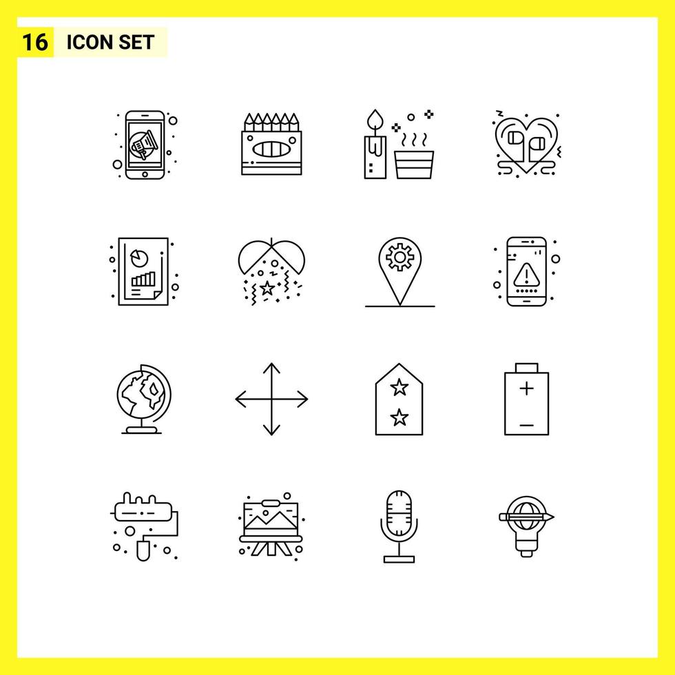 Group of 16 Modern Outlines Set for business productivity report music candle love headphone Editable Vector Design Elements