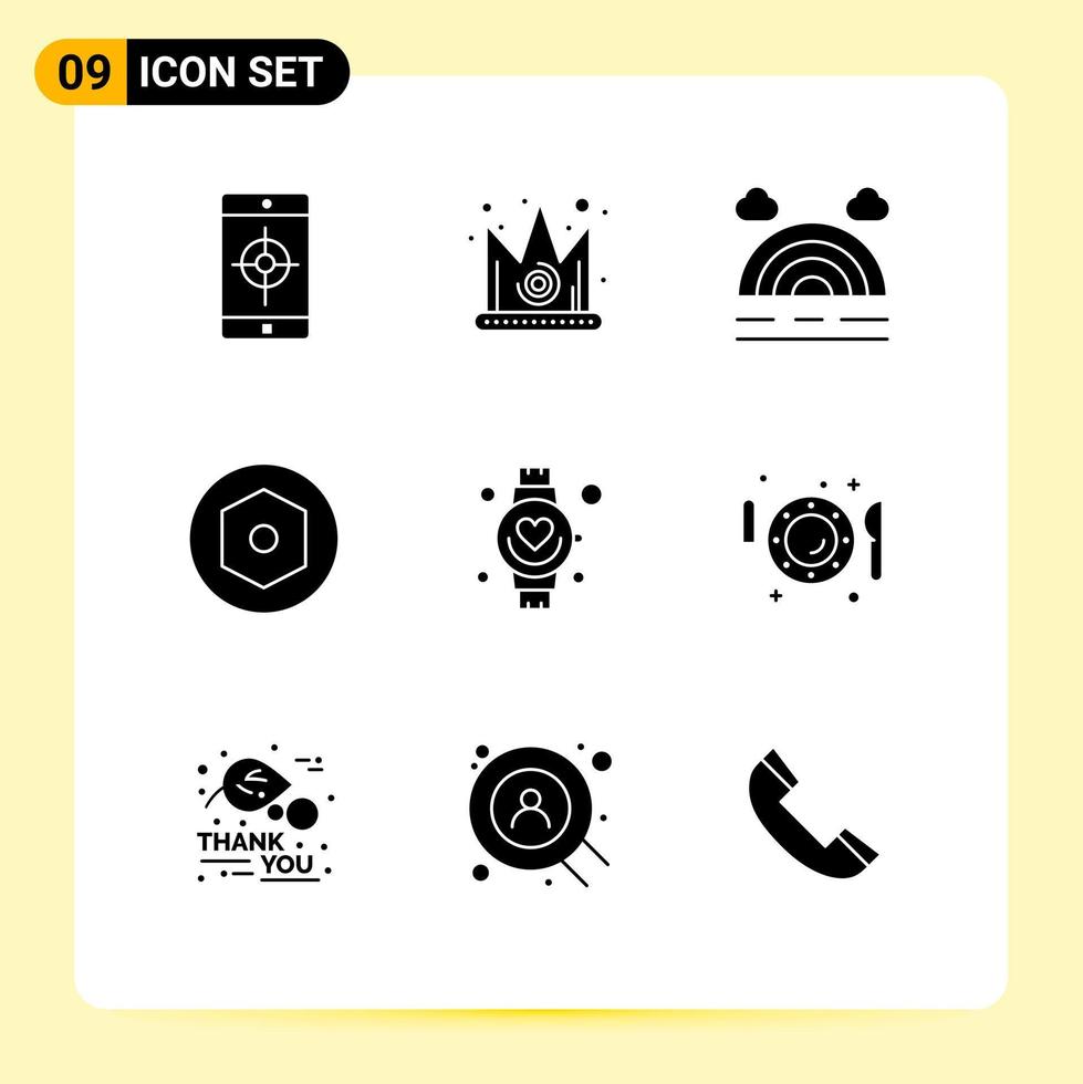 9 Thematic Vector Solid Glyphs and Editable Symbols of watch hand forecast beat nut Editable Vector Design Elements