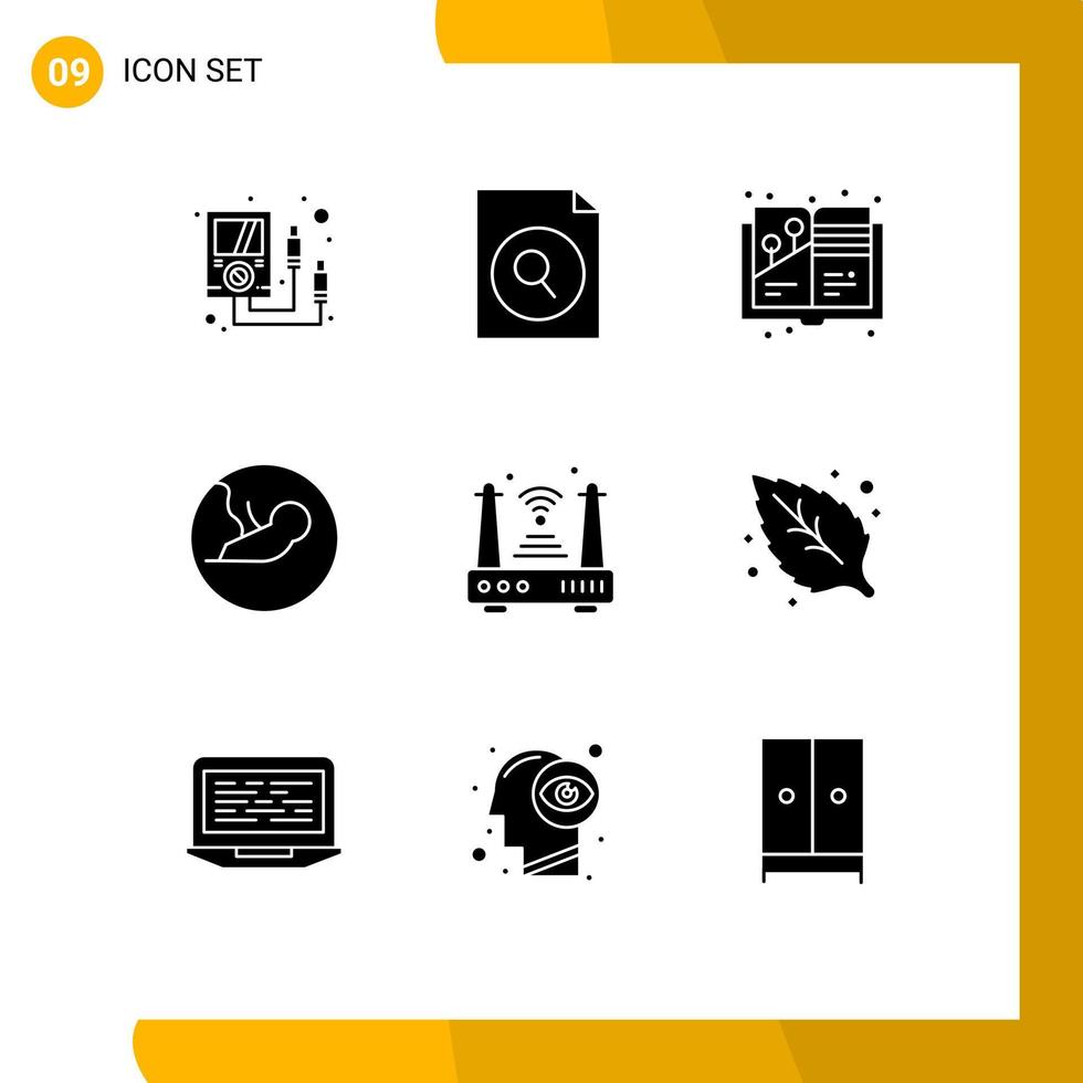 Group of 9 Modern Solid Glyphs Set for router internet design medical biology Editable Vector Design Elements