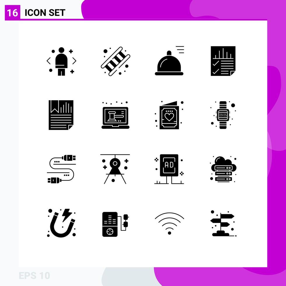 Mobile Interface Solid Glyph Set of 16 Pictograms of seo page service document eat Editable Vector Design Elements