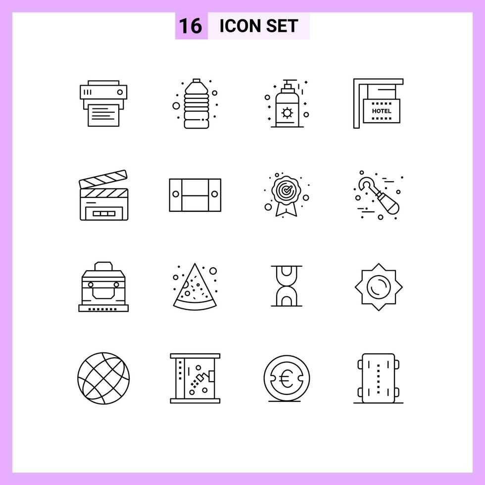 Set of 16 Modern UI Icons Symbols Signs for clapperboard clapboard beach hotel hanging Editable Vector Design Elements