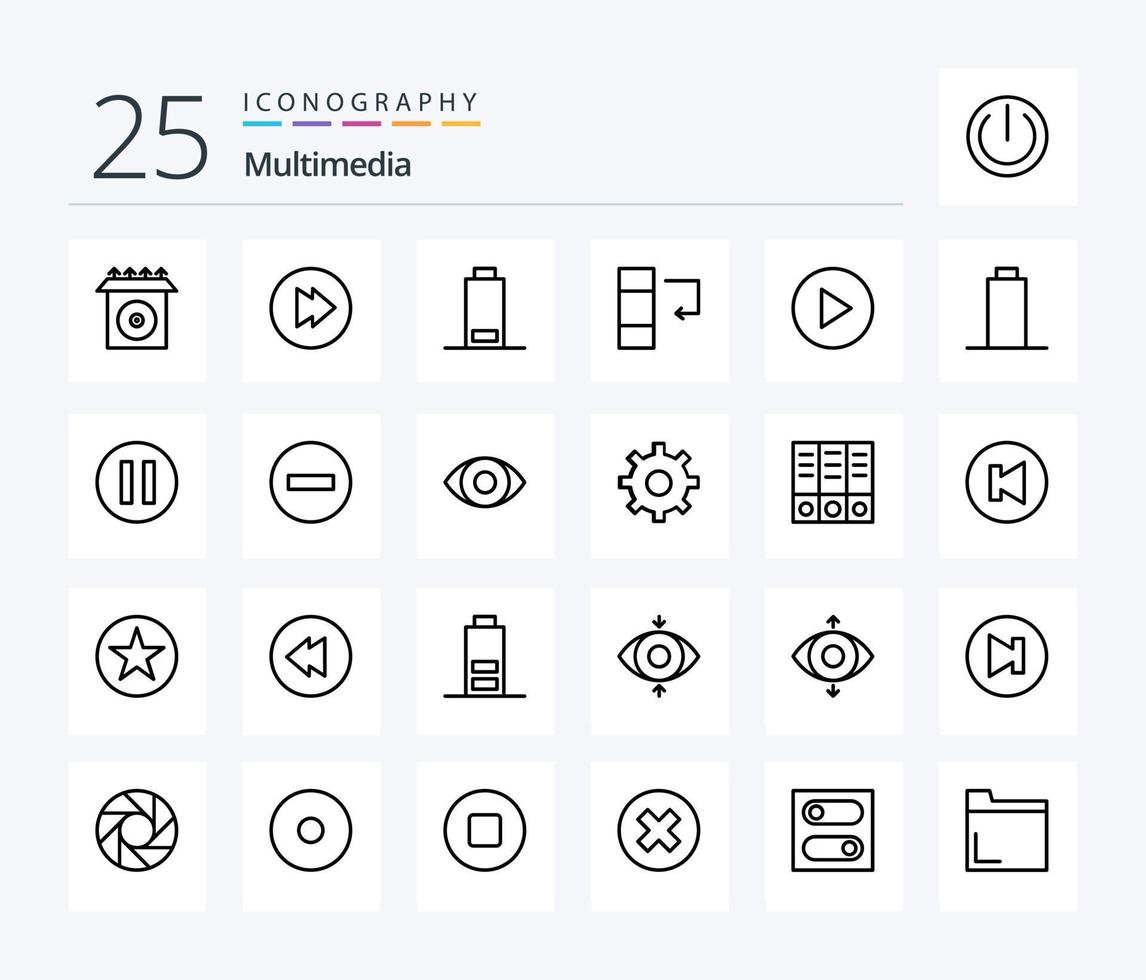 paquete de iconos multimedia de 25 líneas que incluye pausa. multimedia. columna. vacío. tocar vector