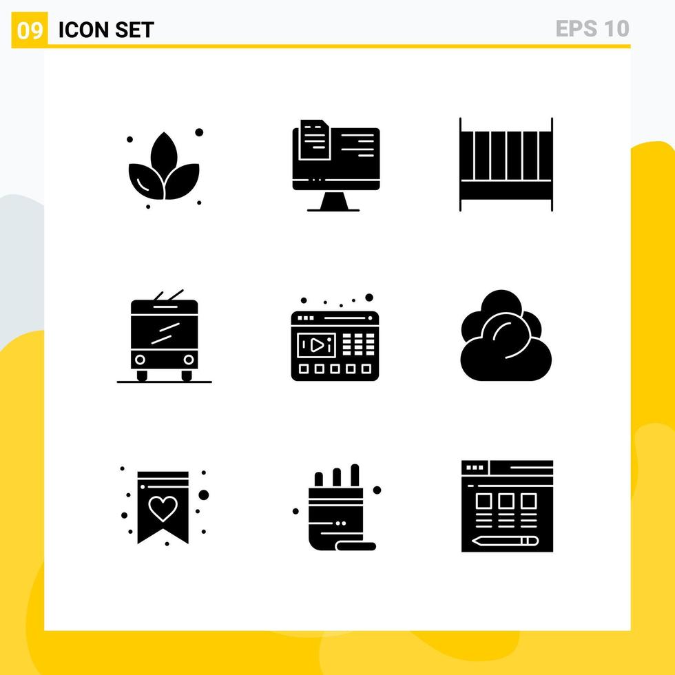 Modern Set of 9 Solid Glyphs and symbols such as website video bedroom player trolley Editable Vector Design Elements