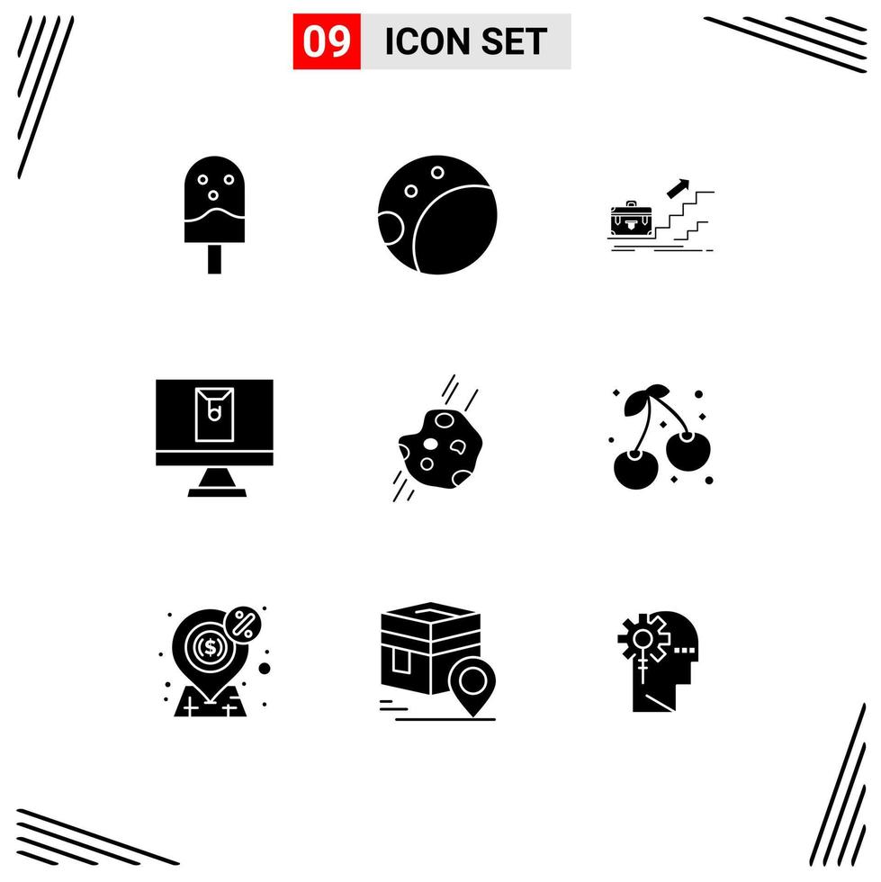 Mobile Interface Solid Glyph Set of 9 Pictograms of astronomy letter career envelope success Editable Vector Design Elements