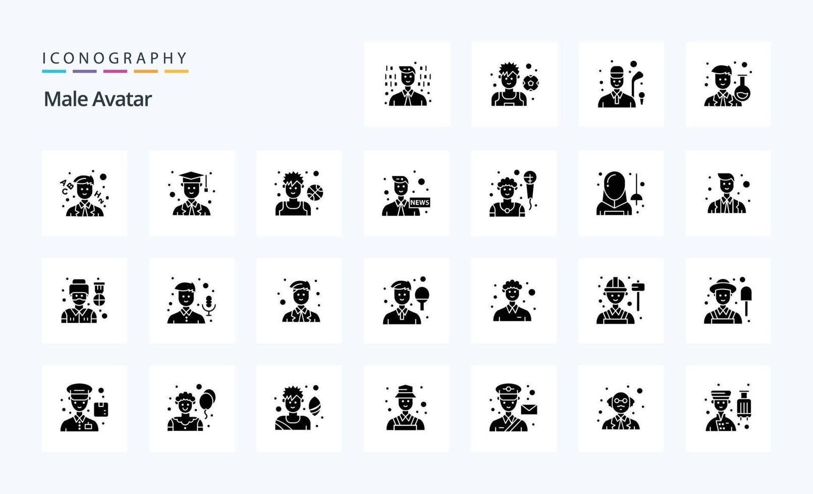 25 Male Avatar Solid Glyph icon pack vector