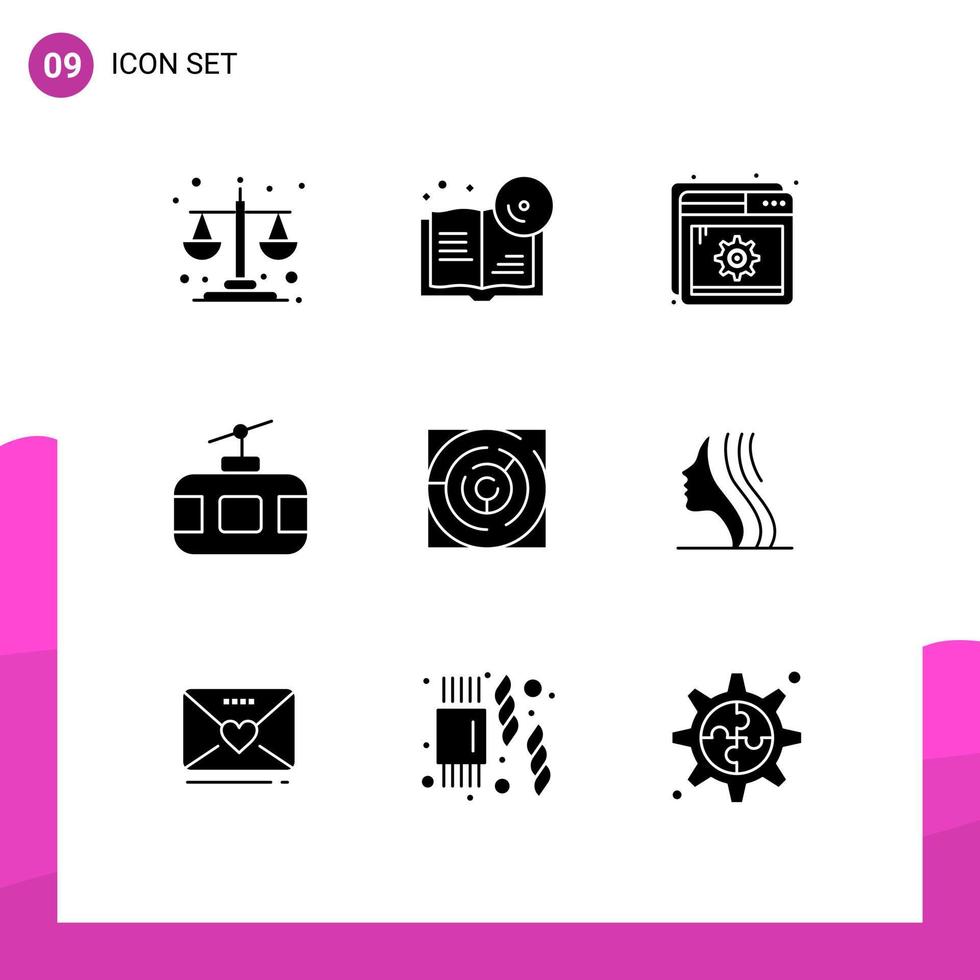 Group of 9 Solid Glyphs Signs and Symbols for maze tourism help tour cable car Editable Vector Design Elements