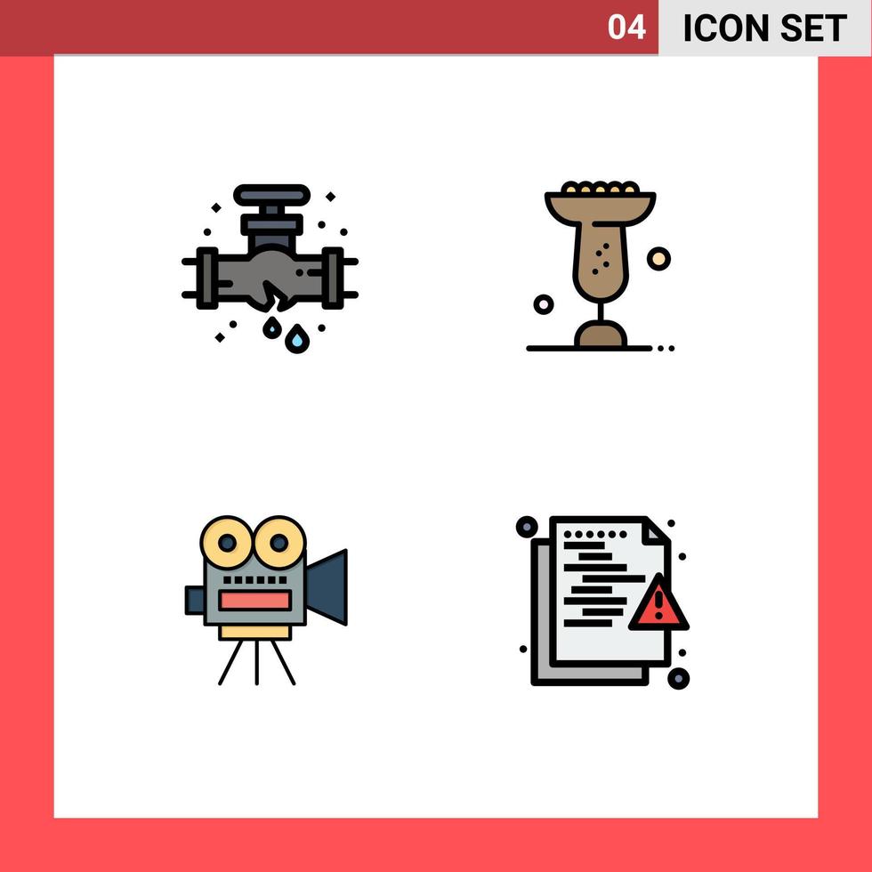 Mobile Interface Filledline Flat Color Set of 4 Pictograms of leak movi plumbing eat education Editable Vector Design Elements
