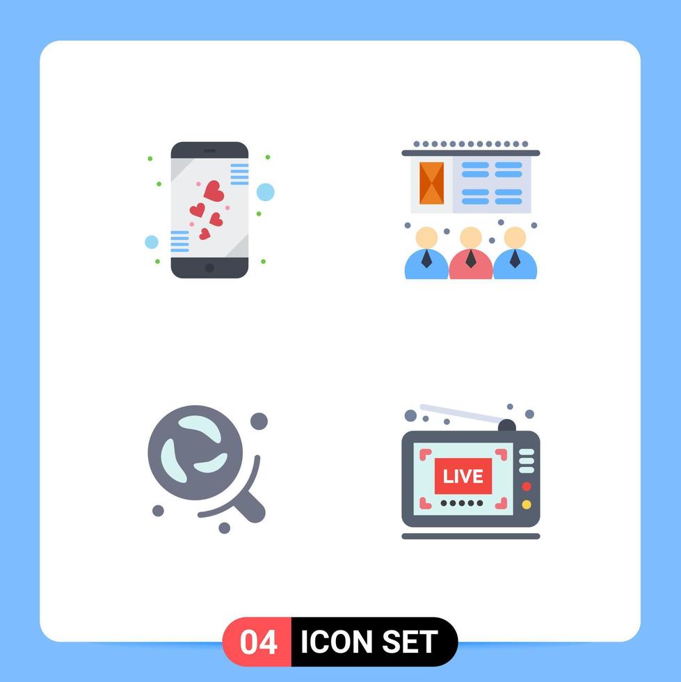 Mobile Interface Flat Icon Set of 4 Pictograms of heart research smart phone training broadcast Editable Vector Design Elements