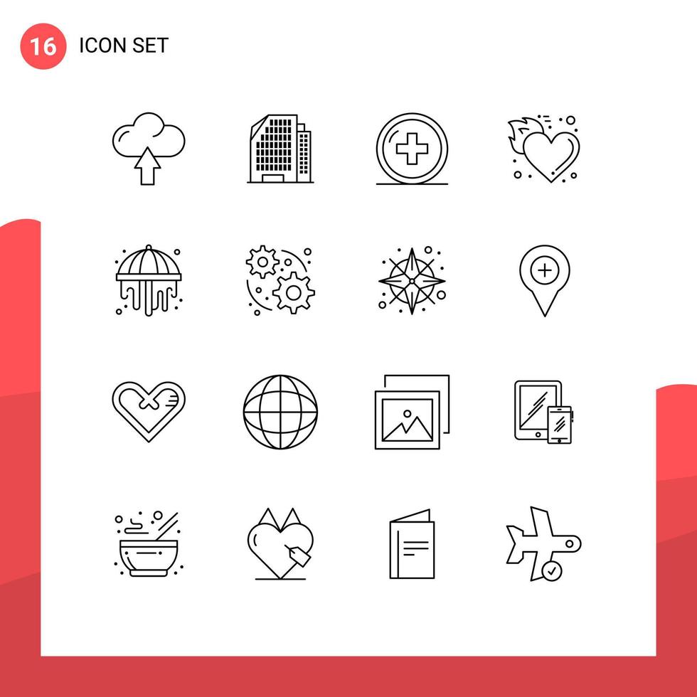 User Interface Pack of 16 Basic Outlines of shower hot hospital heart fire Editable Vector Design Elements