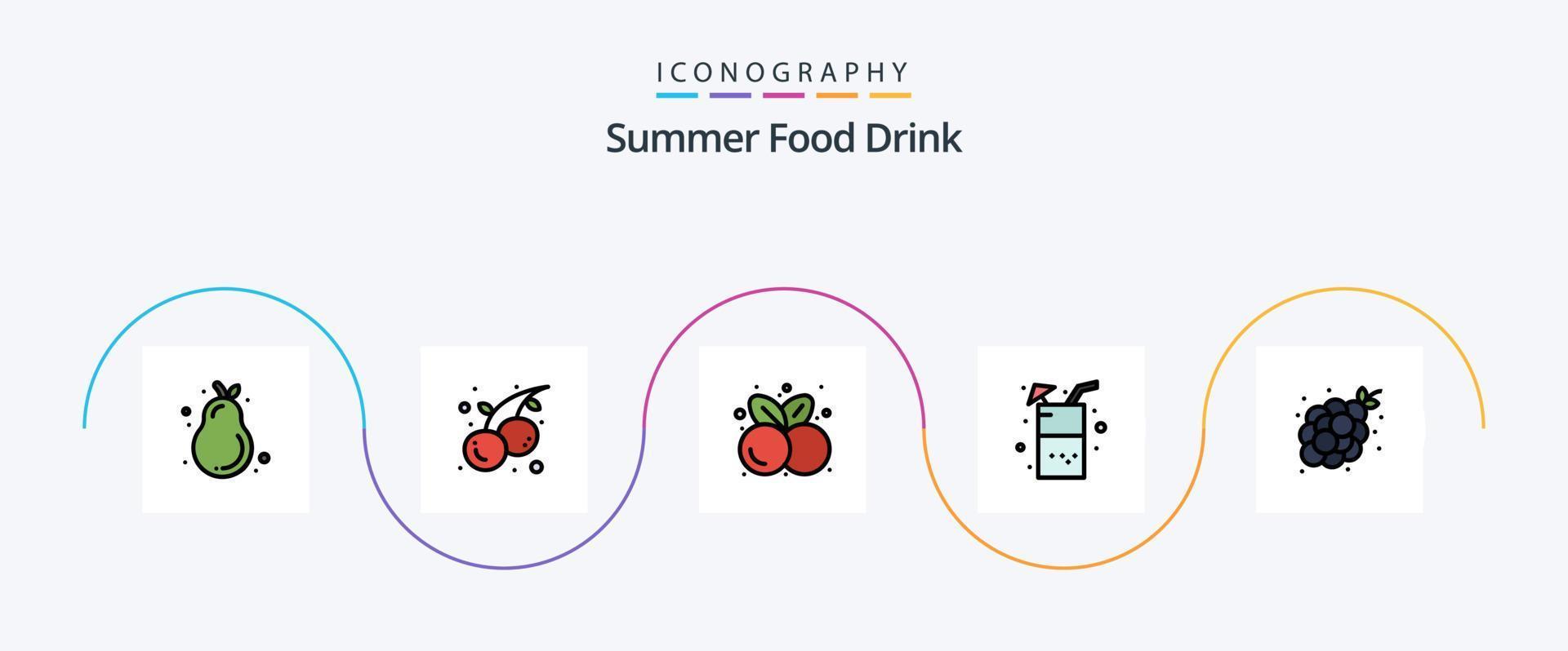 la línea de bebida de comida de verano llenó el paquete de iconos flat 5 que incluye un racimo de uvas. alimento. cerezas. bebida. verano vector