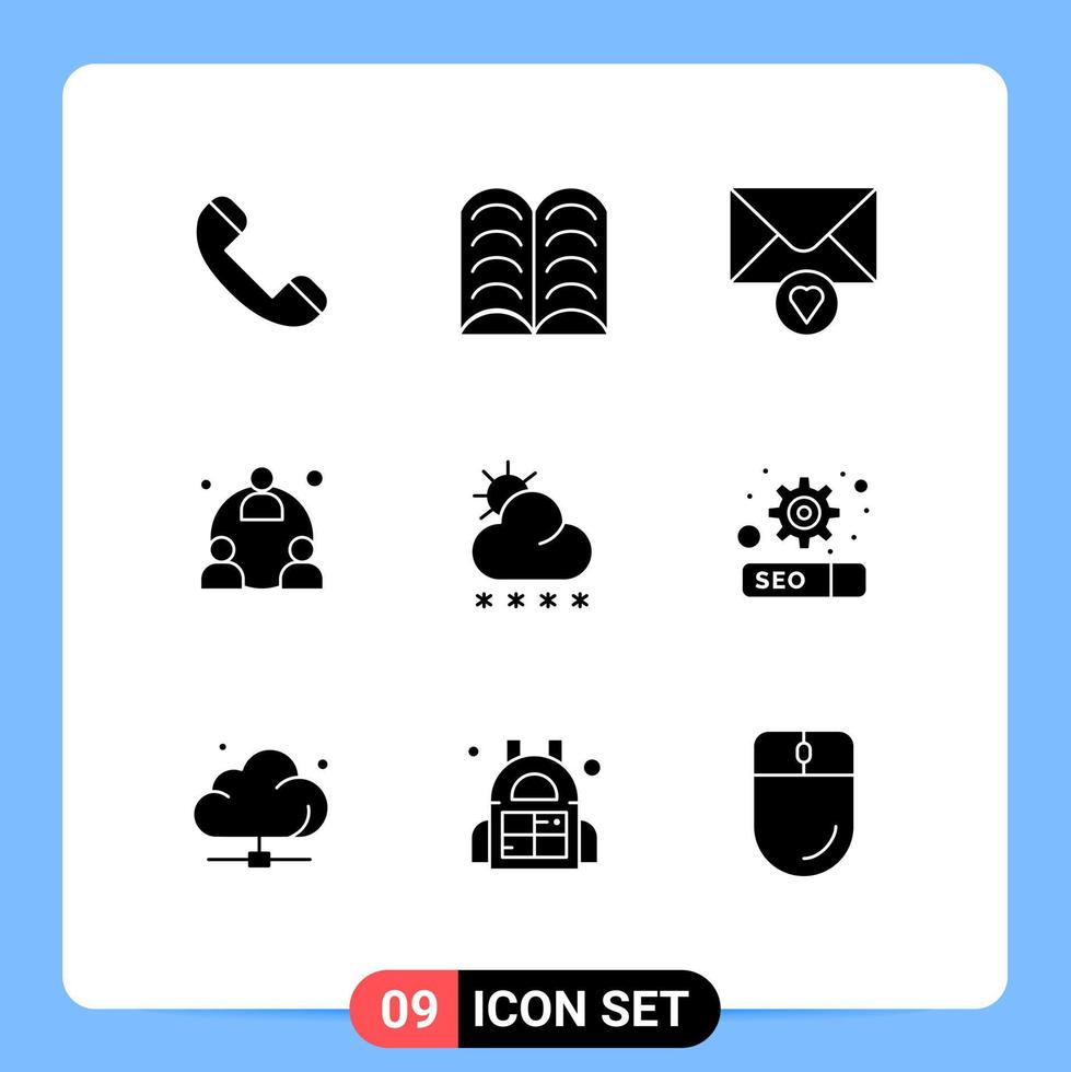 9 User Interface Solid Glyph Pack of modern Signs and Symbols of weather snow message forecast mlm Editable Vector Design Elements