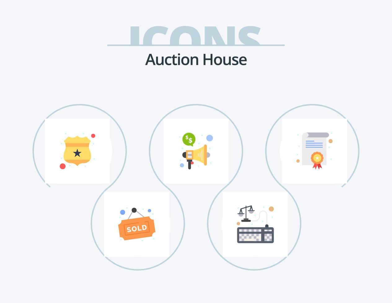 Auction Flat Icon Pack 5 Icon Design. diploma. certification. antivirus. speaker. announce vector