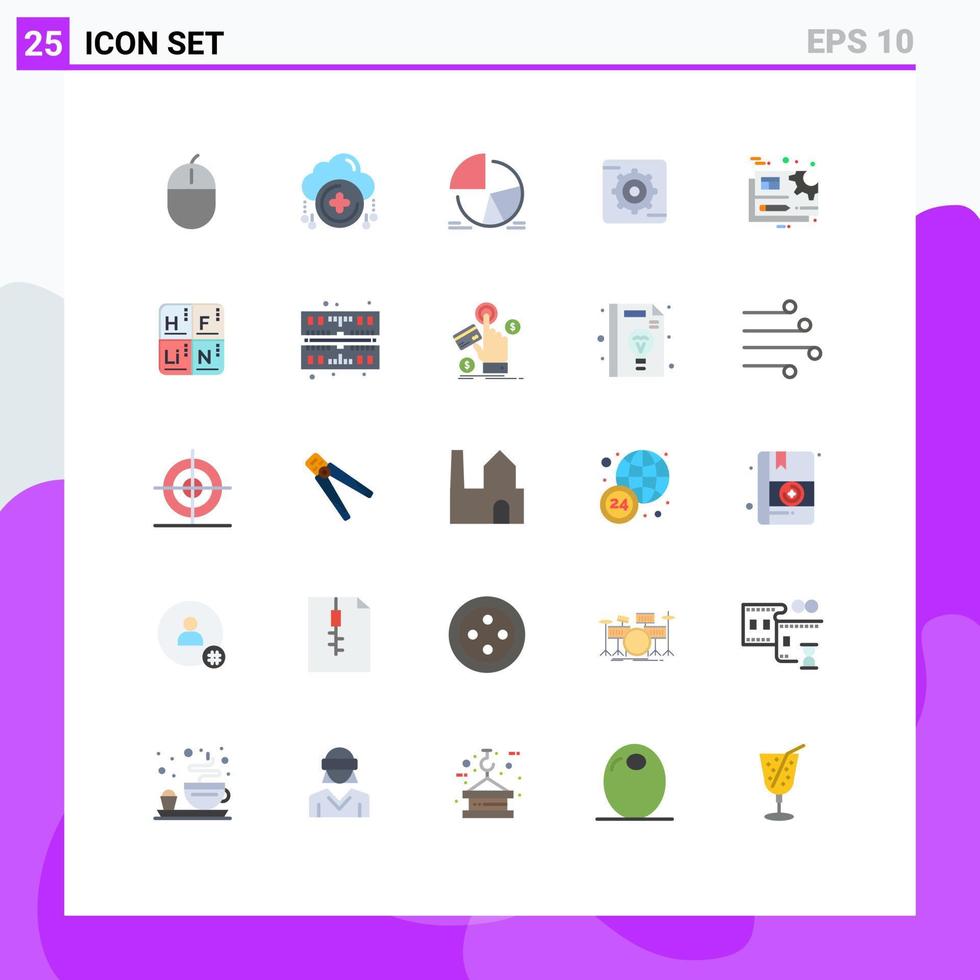 Conjunto de 25 colores planos universales para la configuración de documentos de aplicaciones web y móviles, además de elementos de diseño vectorial editables de análisis de engranajes vector