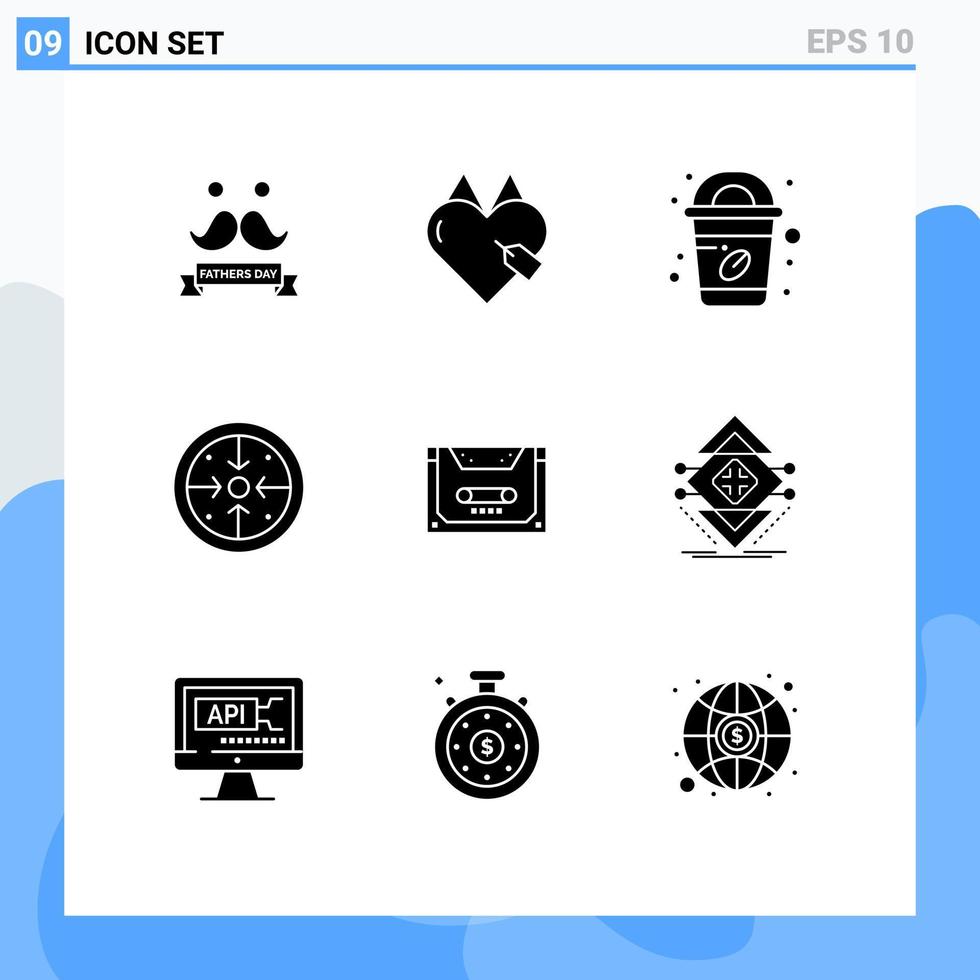 Mobile Interface Solid Glyph Set of 9 Pictograms of analog operation favorite implementation stages Editable Vector Design Elements