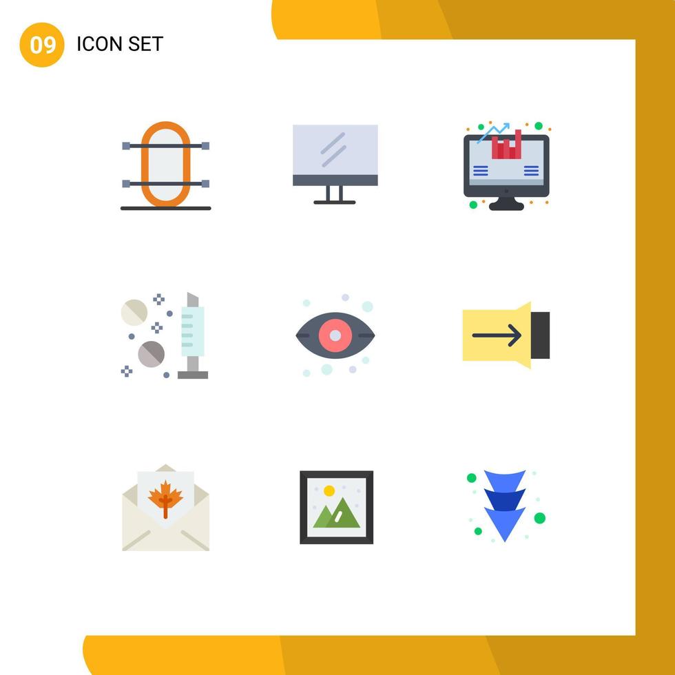 Editable Vector Line Pack of 9 Simple Flat Colors of storage eye analysis syringe drugs Editable Vector Design Elements