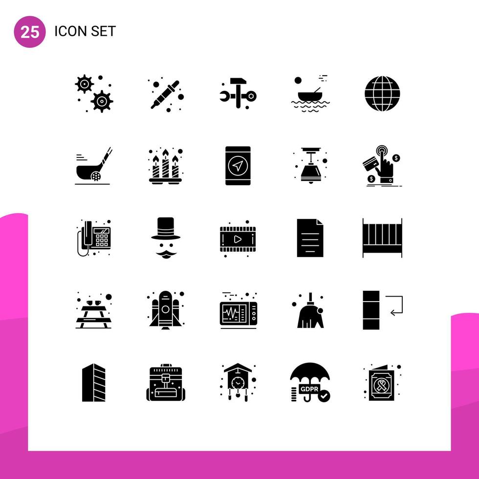 25 Solid Glyph concept for Websites Mobile and Apps internet world hammer transport kayak Editable Vector Design Elements