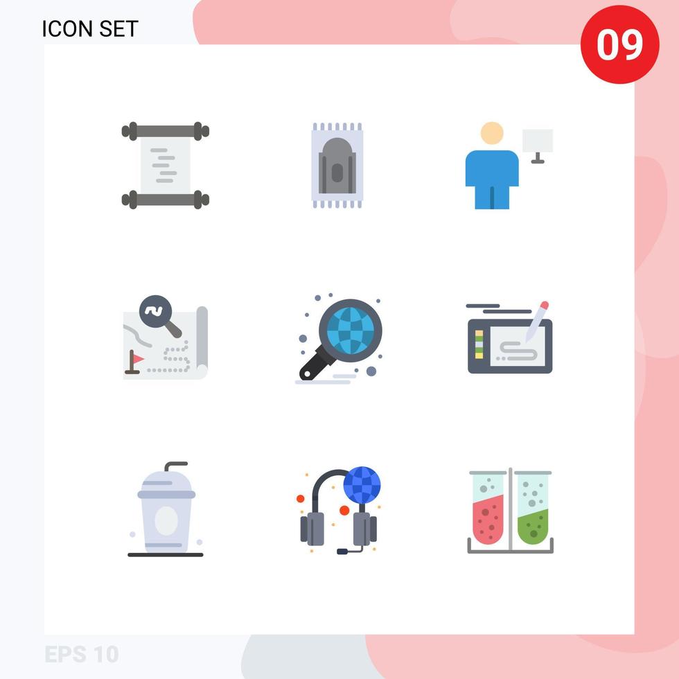 Group of 9 Flat Colors Signs and Symbols for business search computer map route Editable Vector Design Elements