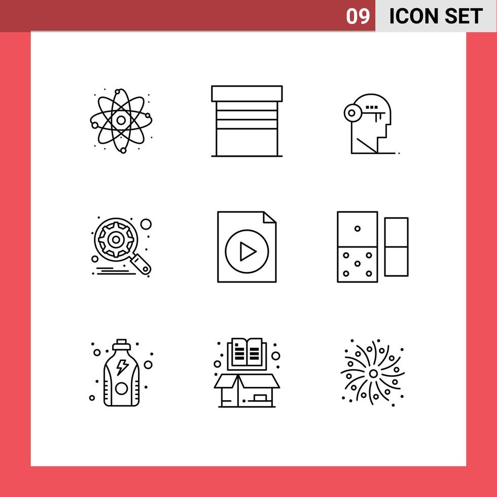Pictogram Set of 9 Simple Outlines of document search brain gear unlock Editable Vector Design Elements