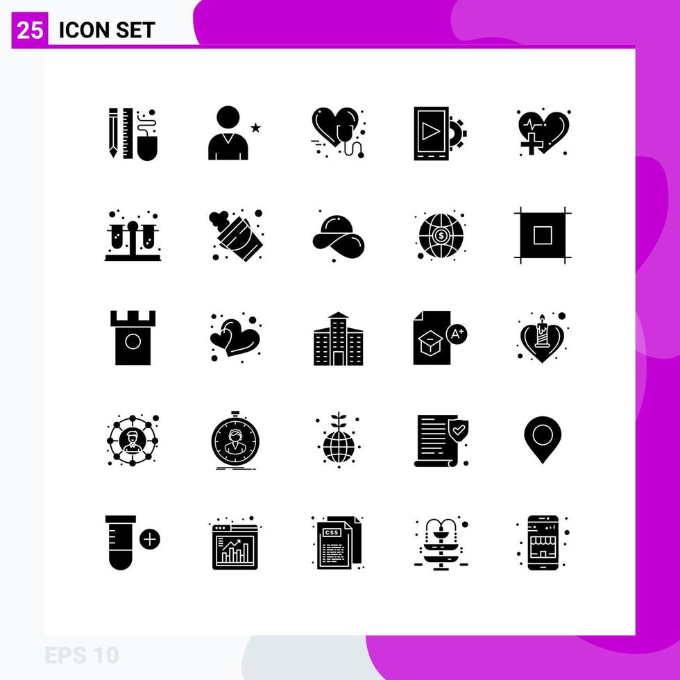 Editable Vector Line Pack of 25 Simple Solid Glyphs of care design user mobile stethoscope Editable Vector Design Elements