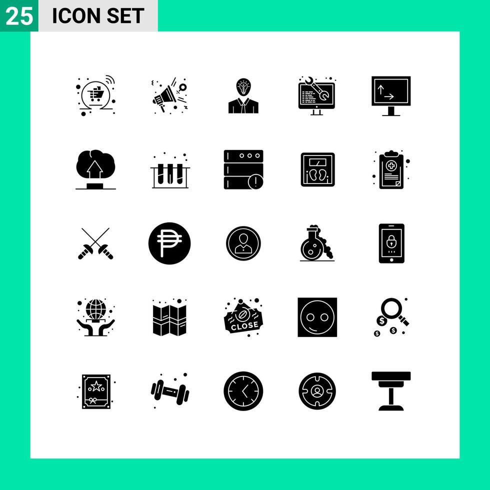 Mobile Interface Solid Glyph Set of 25 Pictograms of web development software speaker coding light Editable Vector Design Elements