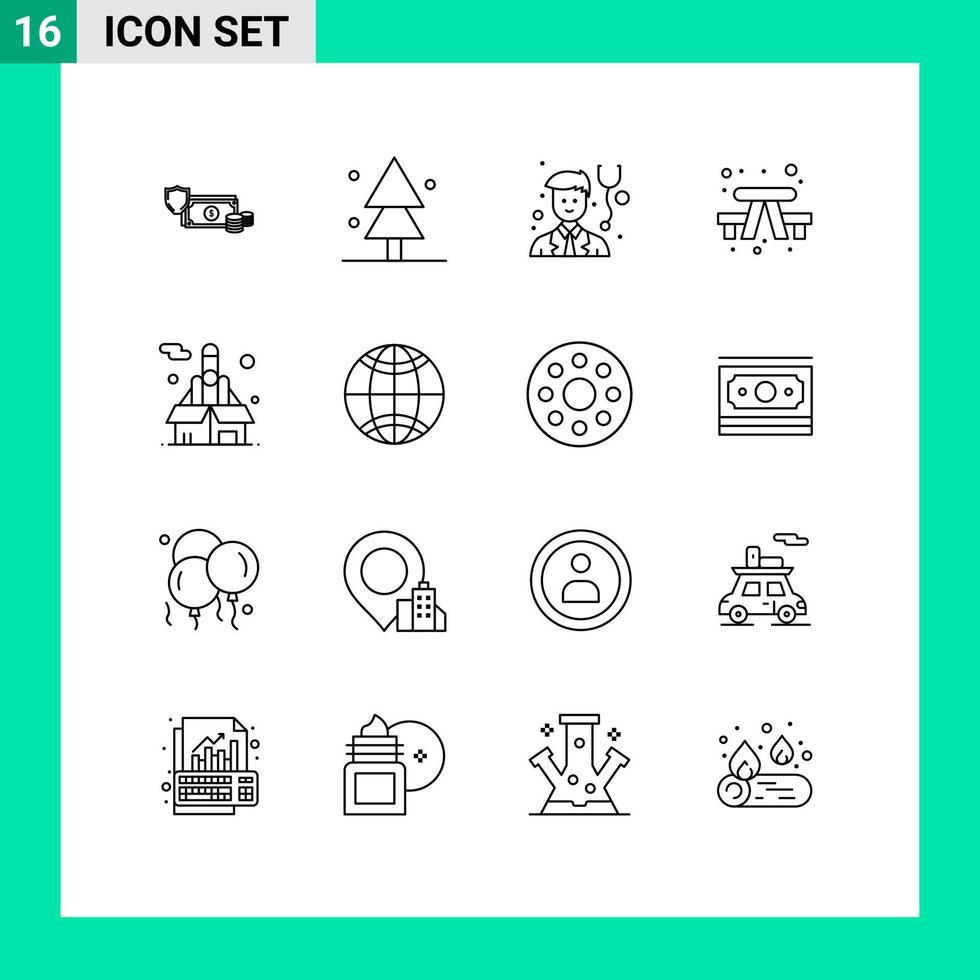 Universal Icon Symbols Group of 16 Modern Outlines of travel camping nature bench physician Editable Vector Design Elements