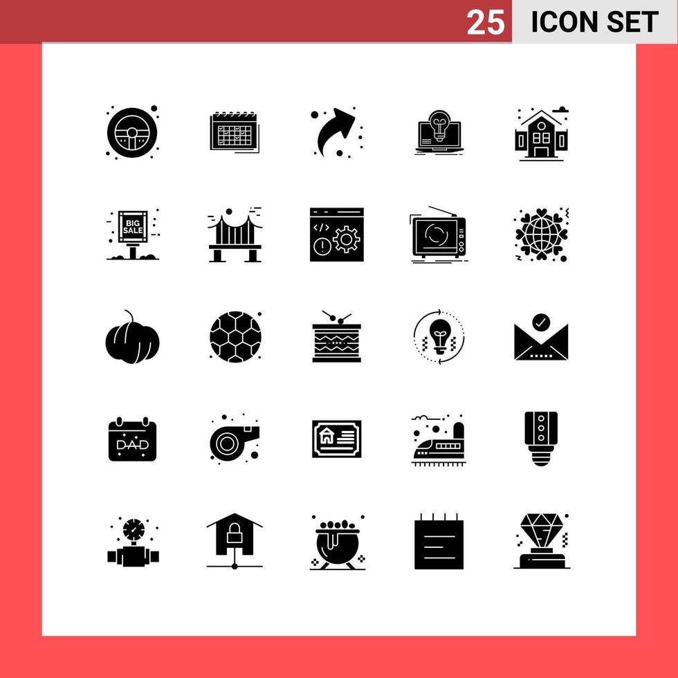 Modern Set of 25 Solid Glyphs and symbols such as laptop bulb planning right share Editable Vector Design Elements
