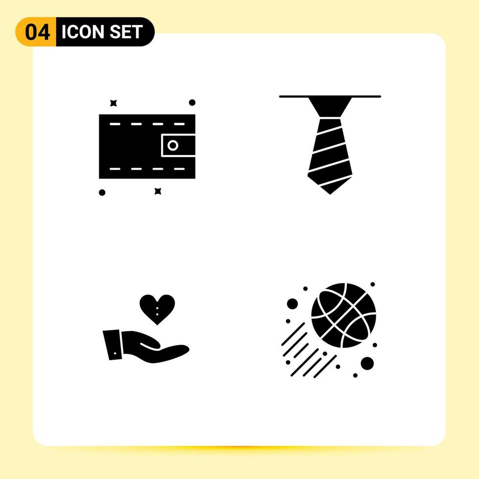 Set of 4 Commercial Solid Glyphs pack for wallet love necktie donation sports Editable Vector Design Elements