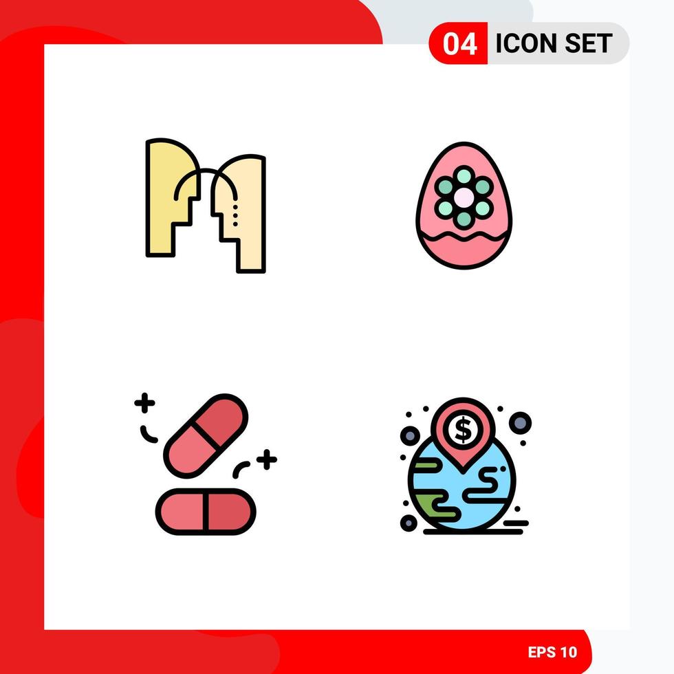 Group of 4 Modern Filledline Flat Colors Set for brain medicine transfer easter tablets Editable Vector Design Elements