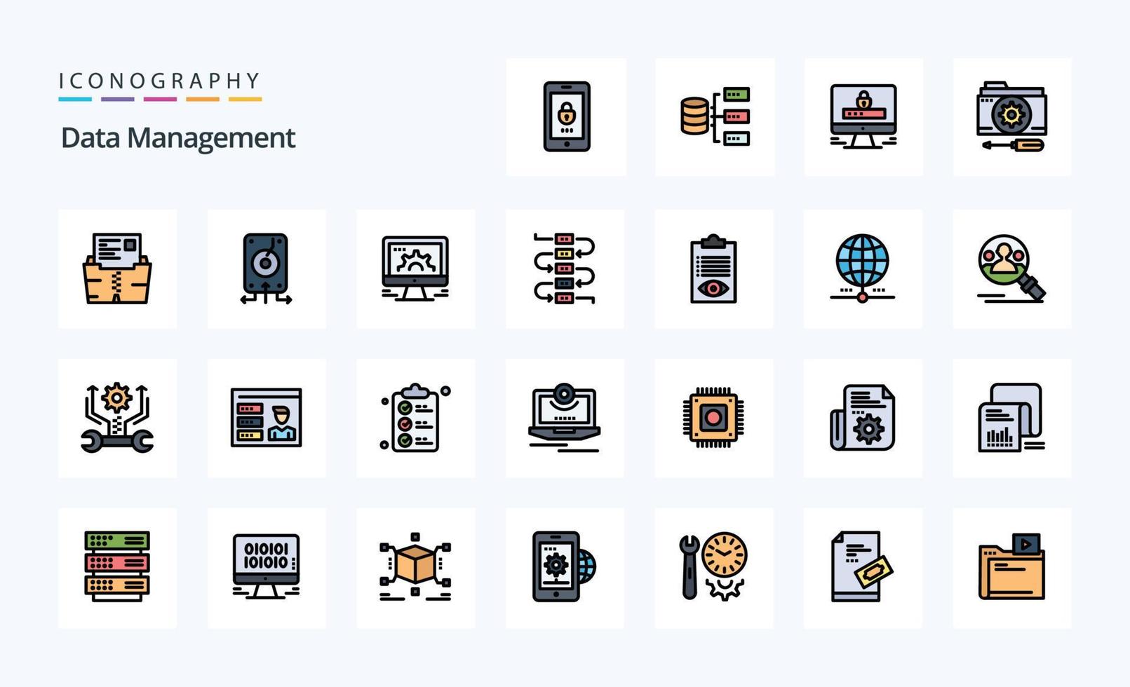 25 Data Management Line Filled Style icon pack vector