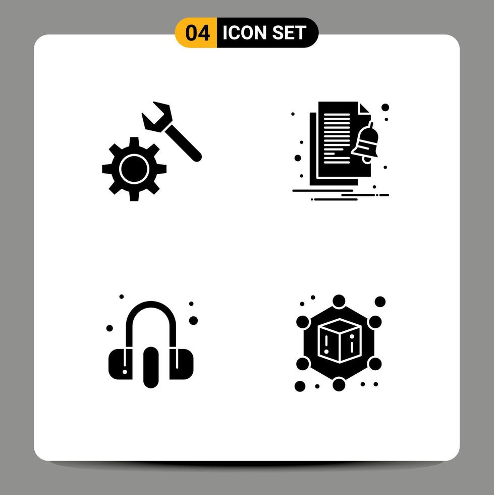 Universal Icon Symbols Group of 4 Modern Solid Glyphs of setting service alert notify cube Editable Vector Design Elements