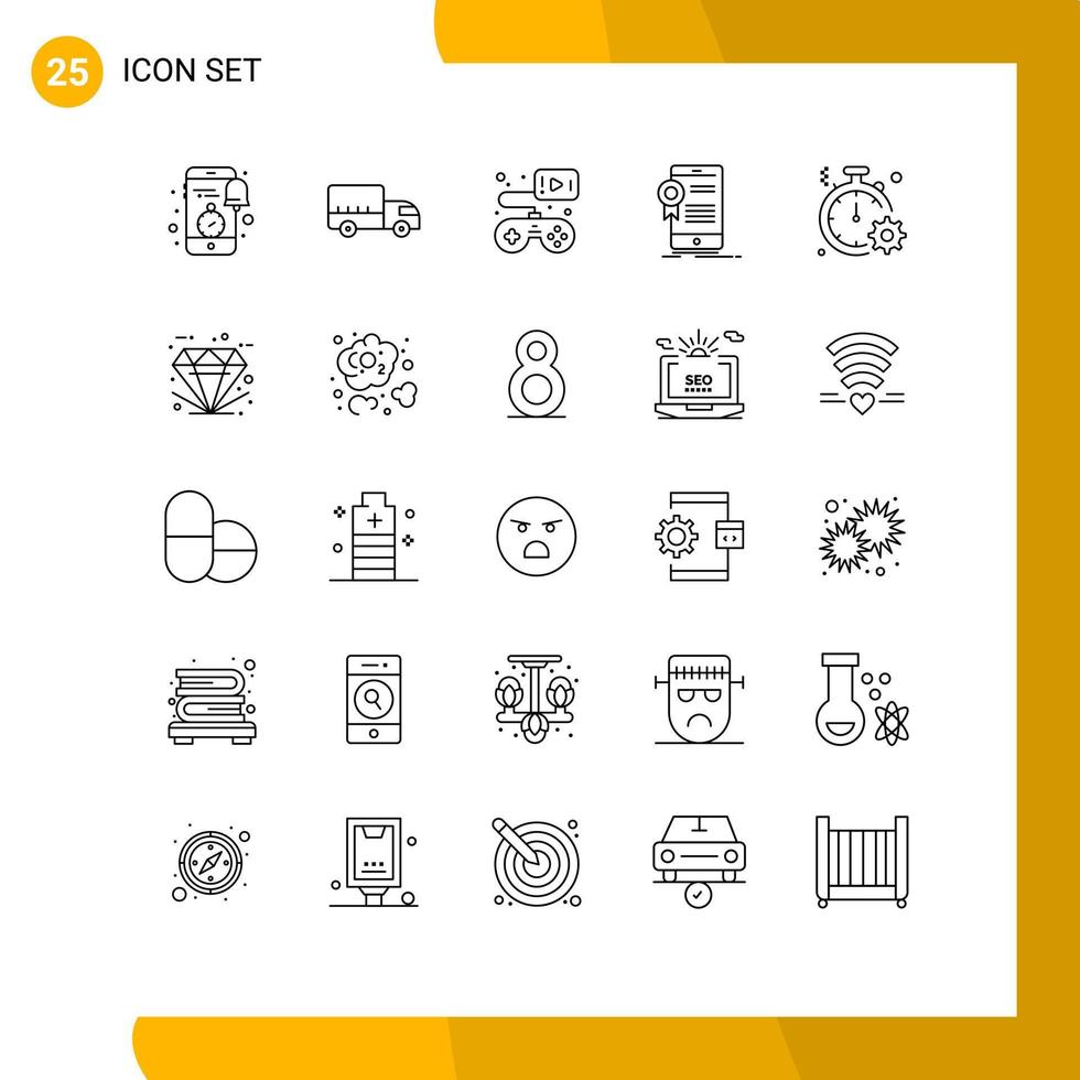 25 Thematic Vector Lines and Editable Symbols of approval app truck certification video game Editable Vector Design Elements