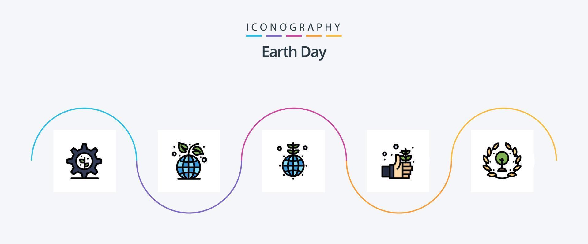 la línea del día de la tierra llenó el paquete de iconos planos 5, incluido el verde. tierra. globo. mano. día vector