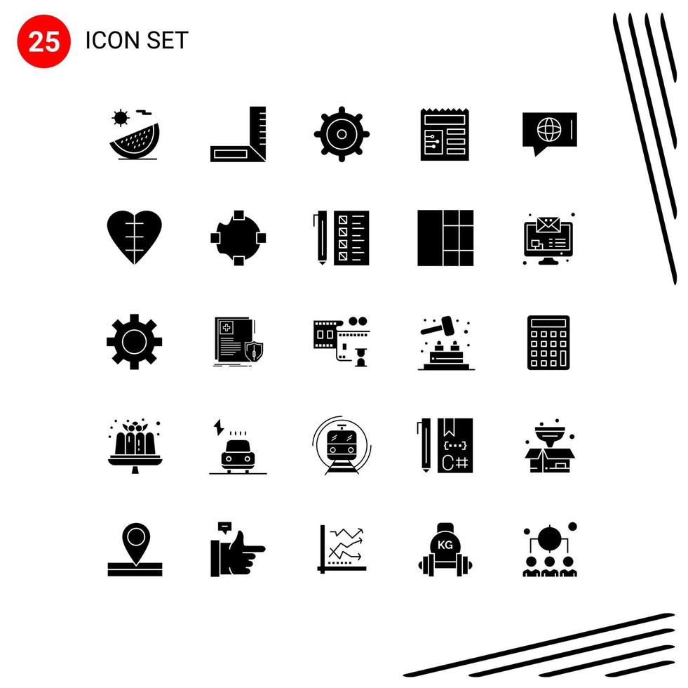 Group of 25 Modern Solid Glyphs Set for heart technical gear world ui Editable Vector Design Elements