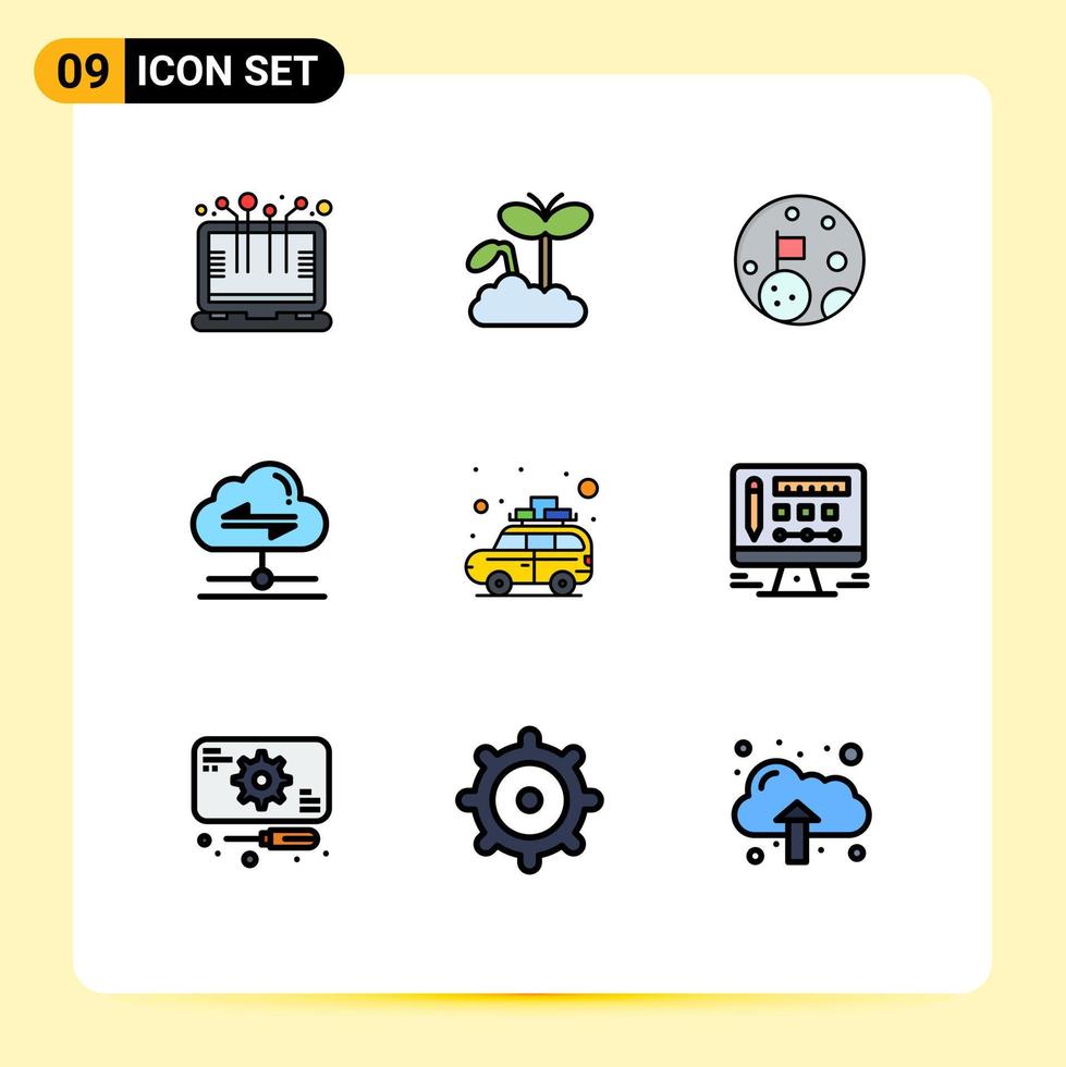 9 Universal Filledline Flat Color Signs Symbols of car data moon send share Editable Vector Design Elements