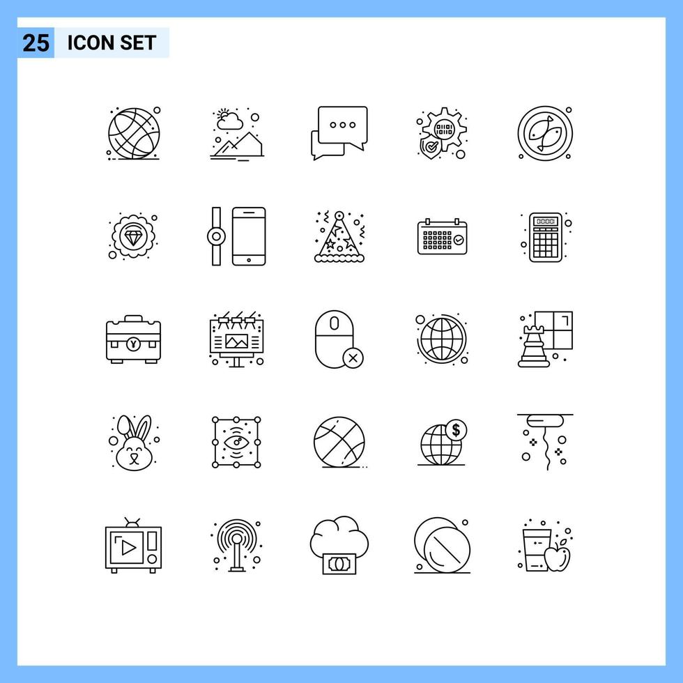 Mobile Interface Line Set of 25 Pictograms of quality meet chat fish protection Editable Vector Design Elements