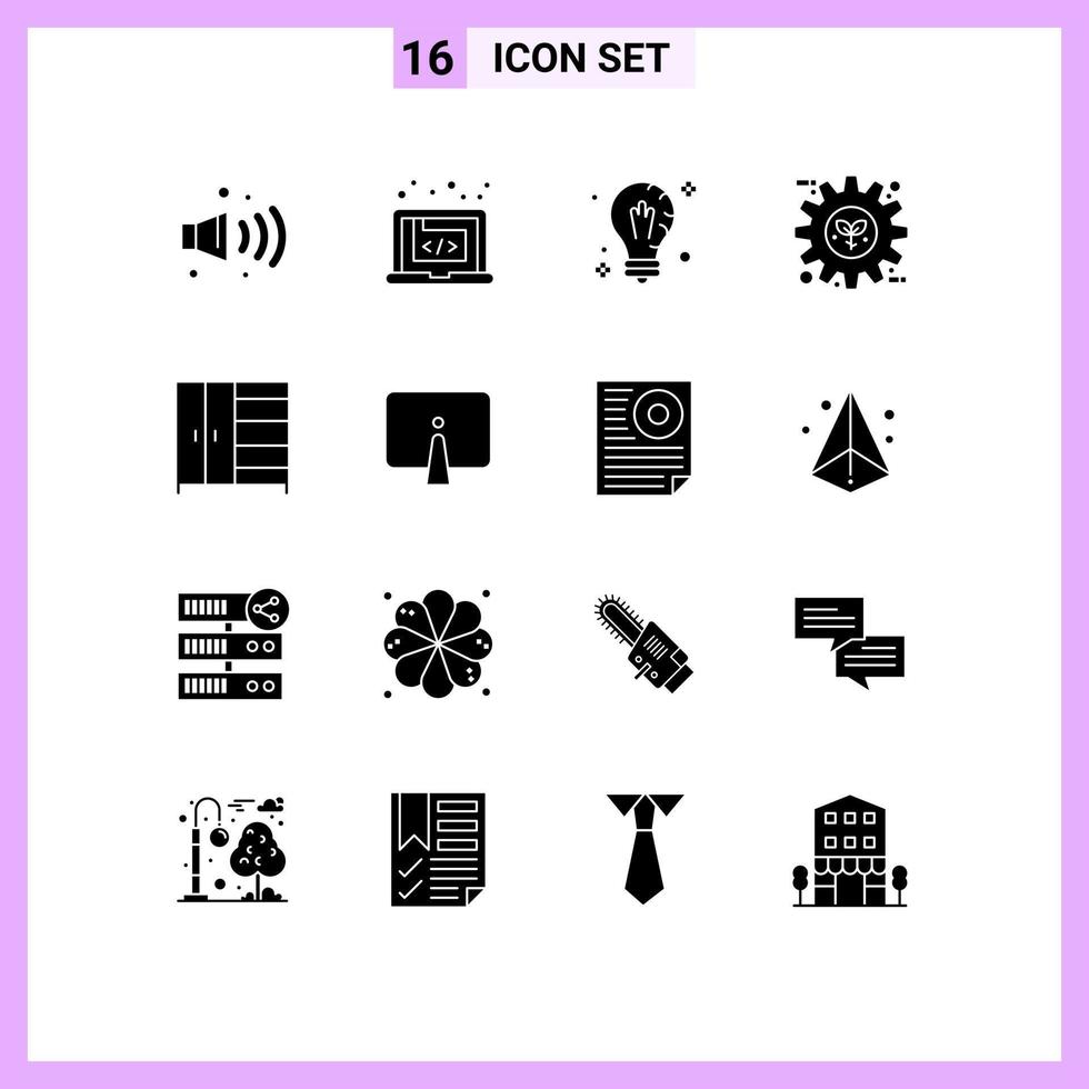 Set of 16 Commercial Solid Glyphs pack for setting gear mind energy light Editable Vector Design Elements